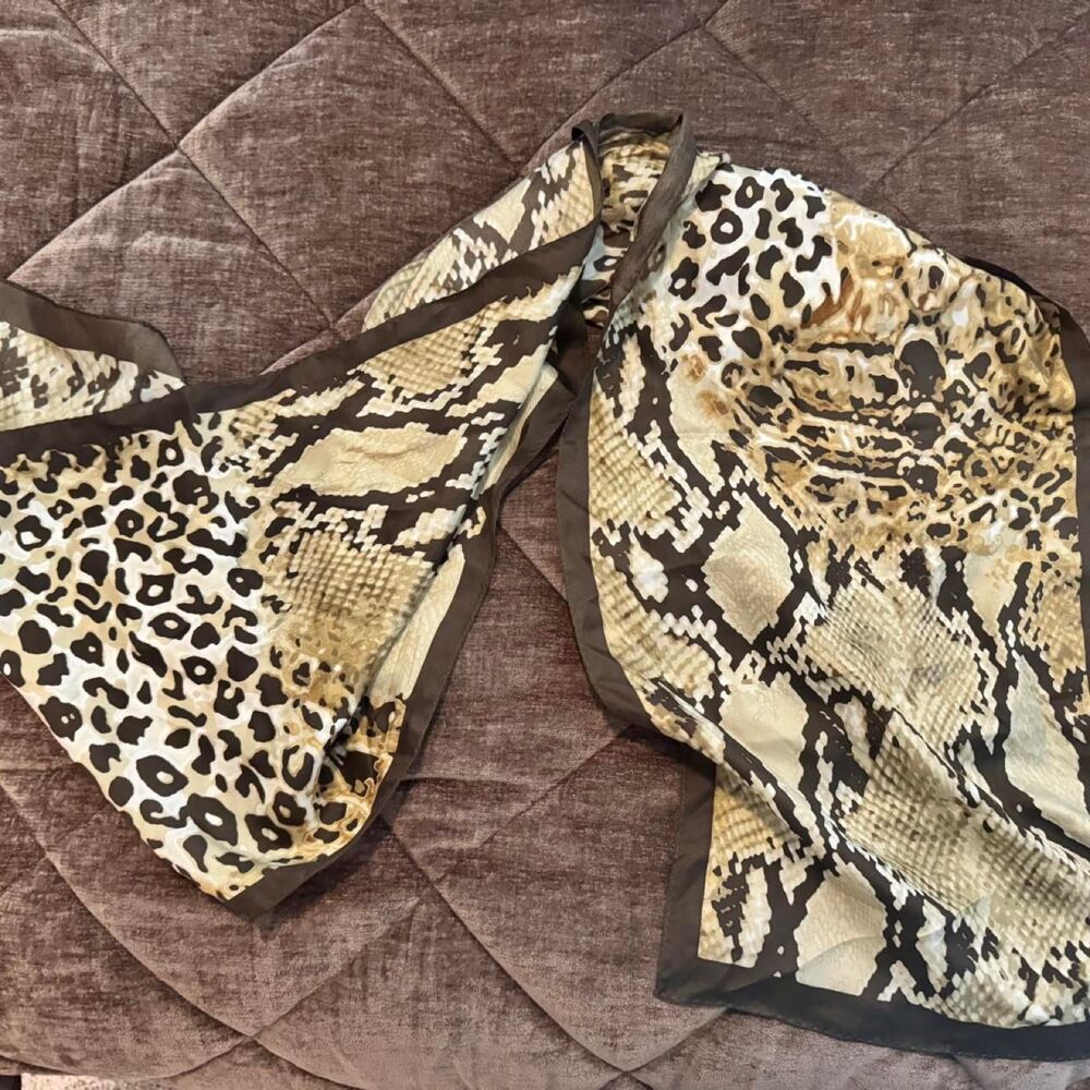 Adrienne Landau Studio Silk Animal Print Scarf Leopard Snakeskin Brown Cream 36”